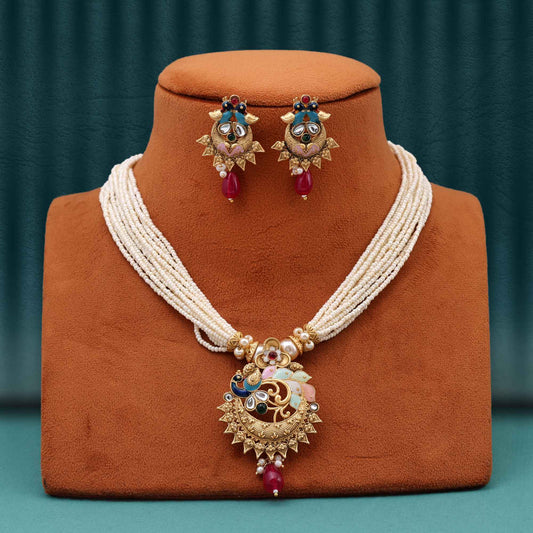 Elegant Multi Color Meena Work Designer Matte Gold Necklace Set For Weddings