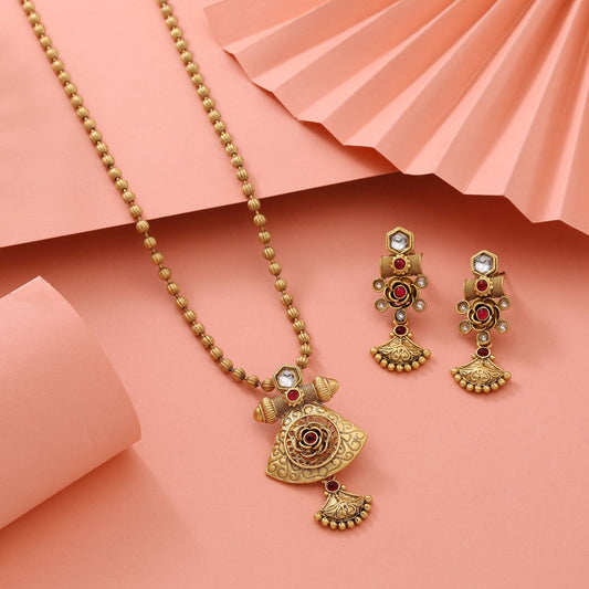 Gorgeous Rani Color Premium Crafted Matte Gold Necklace Set For Festive Wear