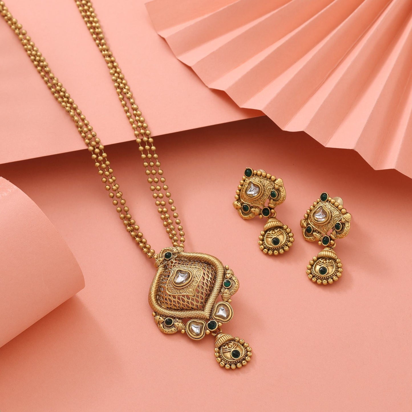 Classic Green Color Antique Polish Matte Gold Necklace Set For Party Wear