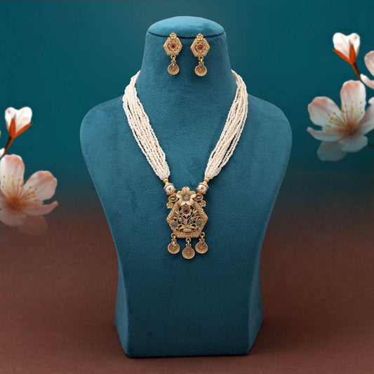 Dazzling Rani And Green Color Matte Gold Necklace Set With Kundan Accents