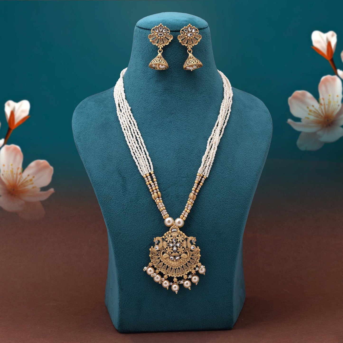 Royal Touch Gold Color Designer Crafted Matte Gold Necklace Set For Grand Events