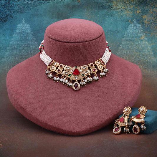 Bright Red Color Matte Gold Necklace Set With Antique Style And Fine Craftsmanship