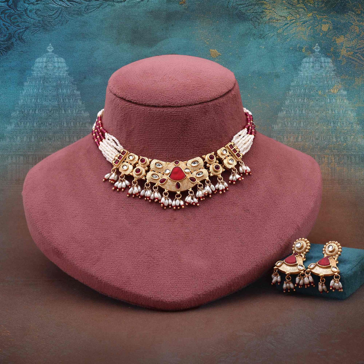Captivating Rani Color Matte Gold Necklace Set With Beautiful Ornamental Detailing