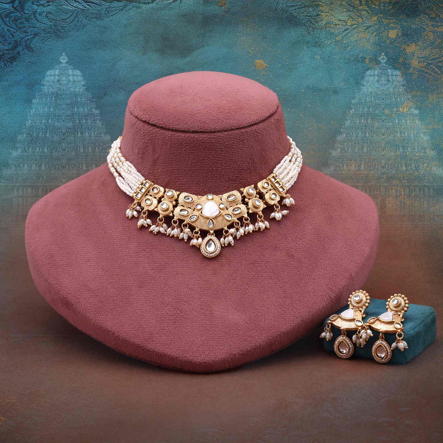 Elegant White Color Premium Crafted Matte Gold Necklace Set For Classic Look