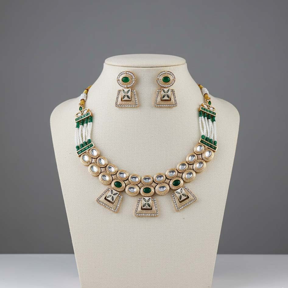 Zweifarbiger Rani- und Grün-Mattgold-Halskettenset für Hochzeitskleidung