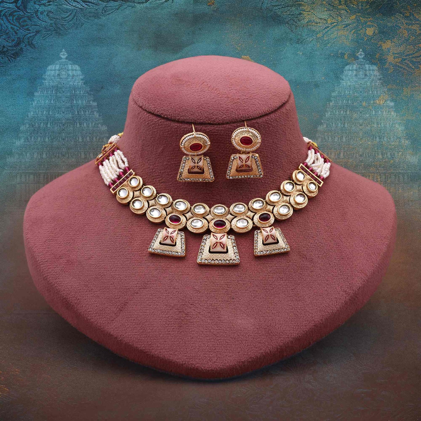 Eye-Catching Rani Color Matte Gold Necklace Set With Traditional Artistic Motifs