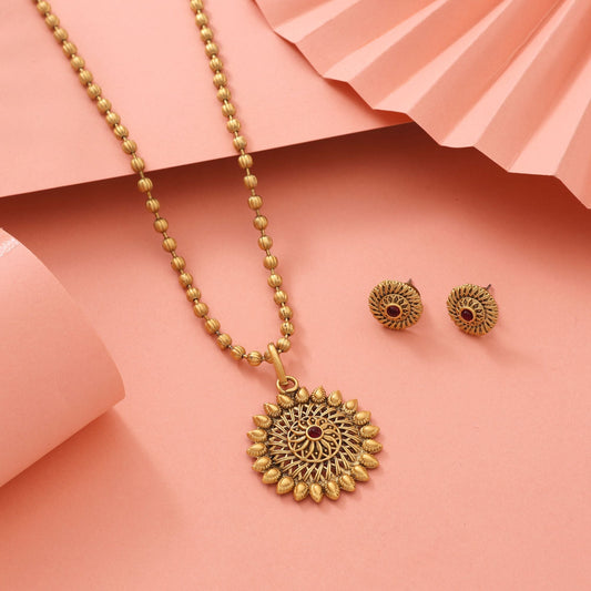 Elegant Rani Color Matte Gold Necklace Set With Artistic Floral Embellishments