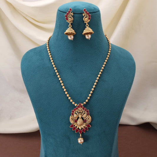 Beautiful Rani Color Matte Gold Necklace Set With Precious Stone Ornamentation
