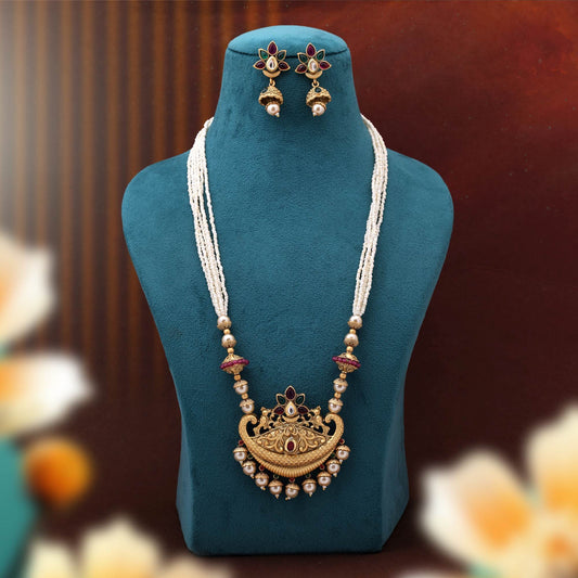Stunning Rani And Green Color Matte Gold Necklace Set For Grand Cultural Events