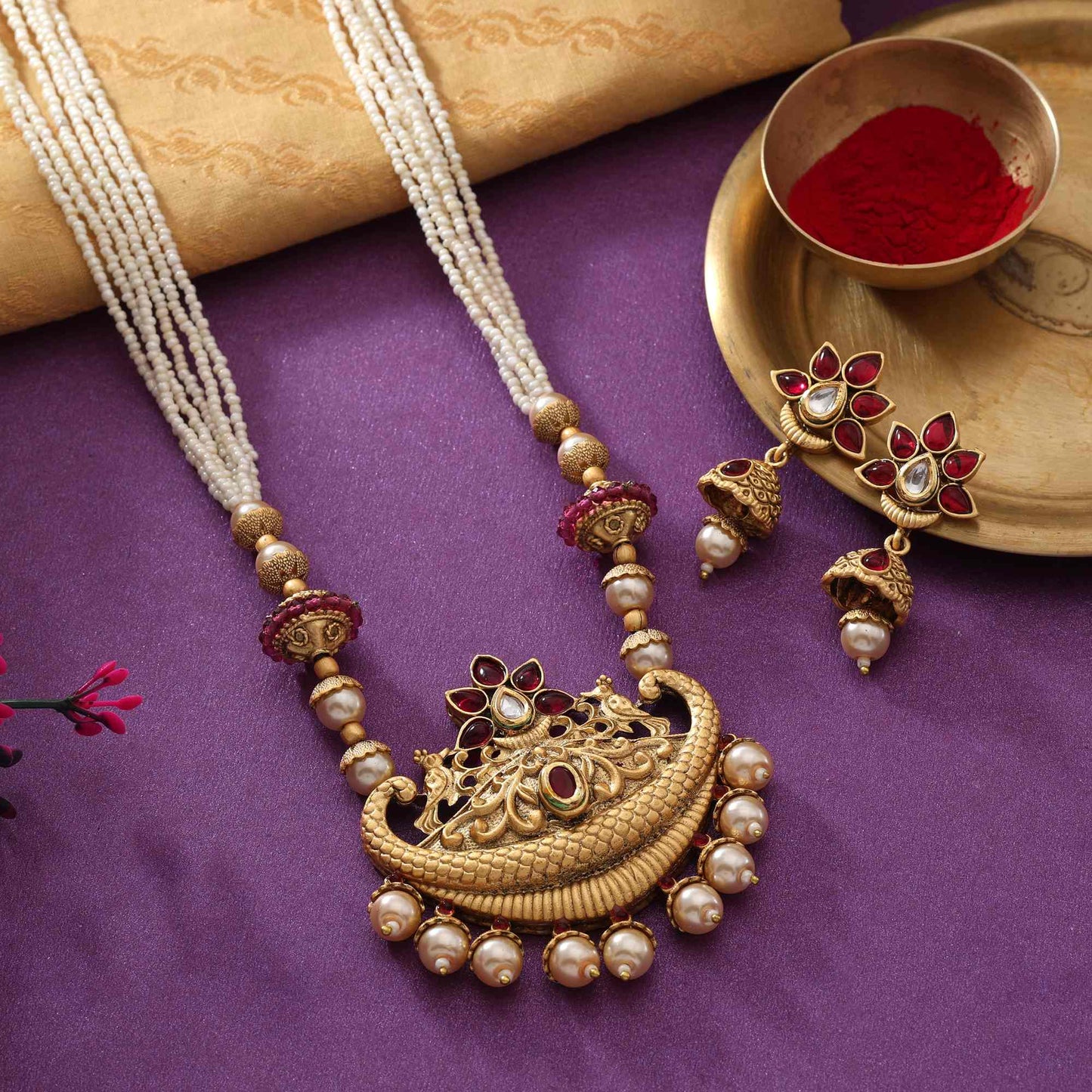 Exquisite Rani Color Matte Gold Necklace Set Crafted With Traditional Meena Detailing