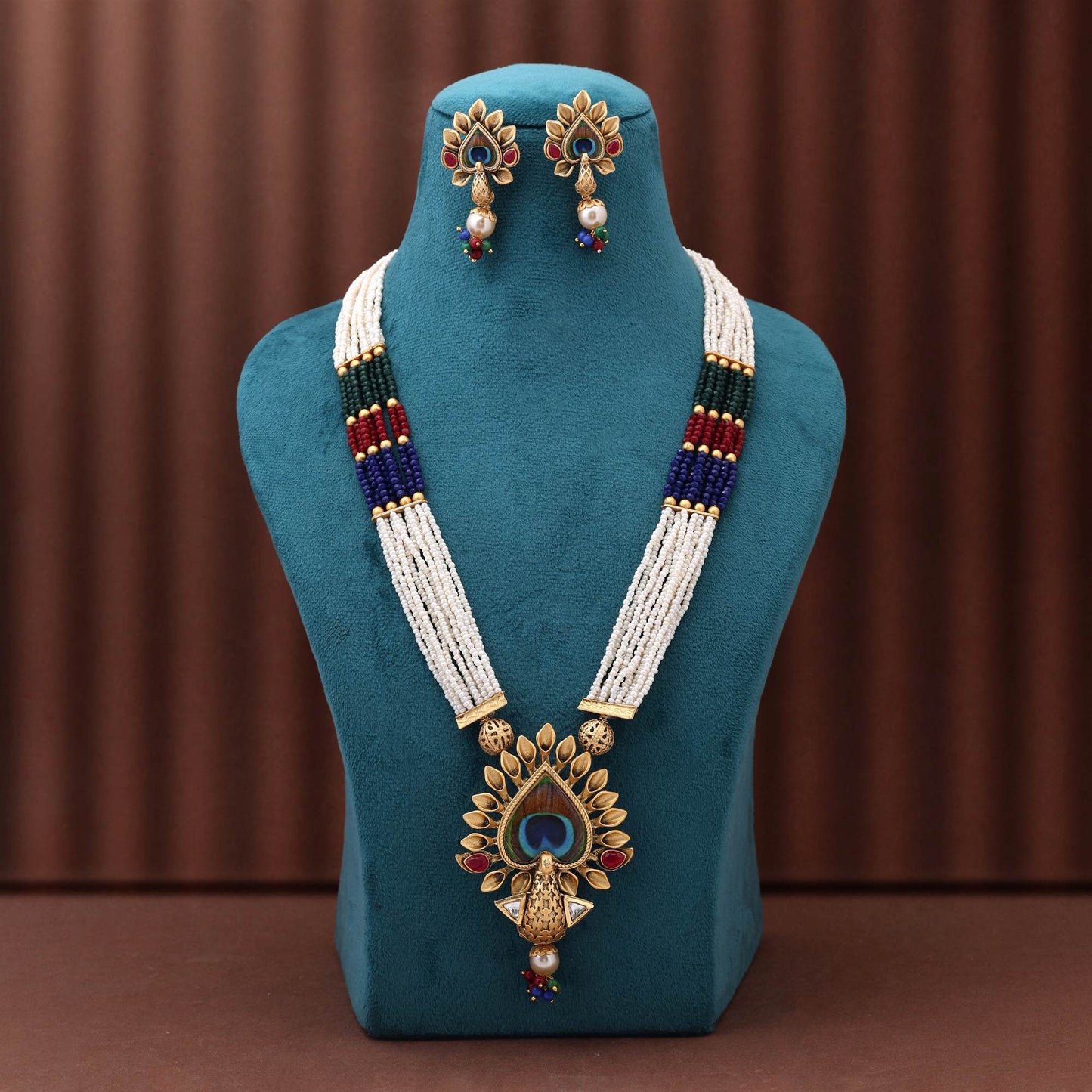 Elegant Multi Color Peacock Feather Inspired Designer Matte Gold Necklace Set For Weddings