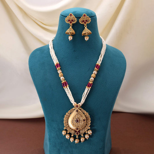 Stunning Rani Color Matte Gold Necklace Set Perfect For Bridal And Festive Attire