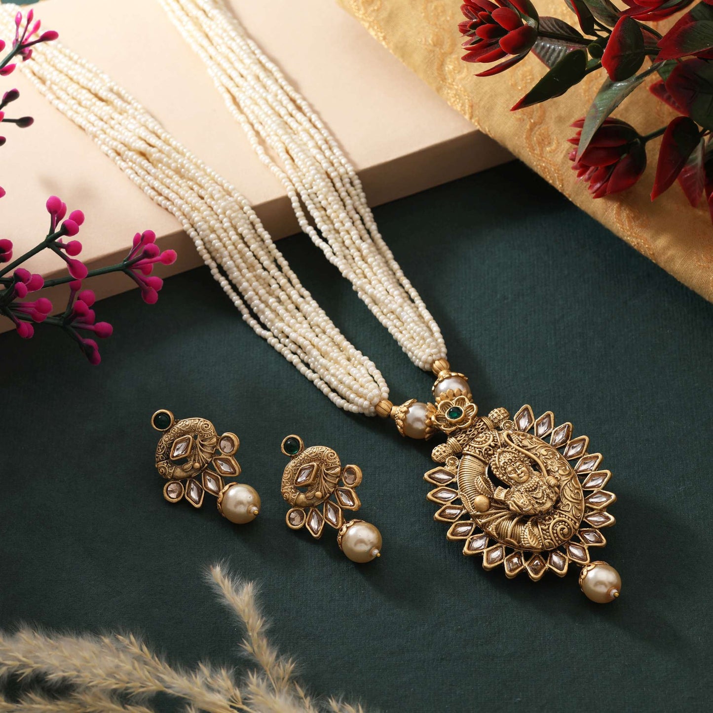 Traditional Green Color Matte Gold Necklace Set With Temple Style Pendant And Earrings