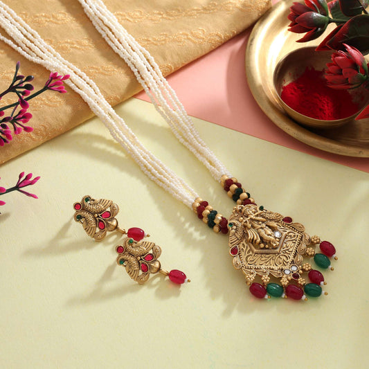 Luxurious Rani And Green Color Matte Gold Necklace Set Crafted With Polki Stone Accents