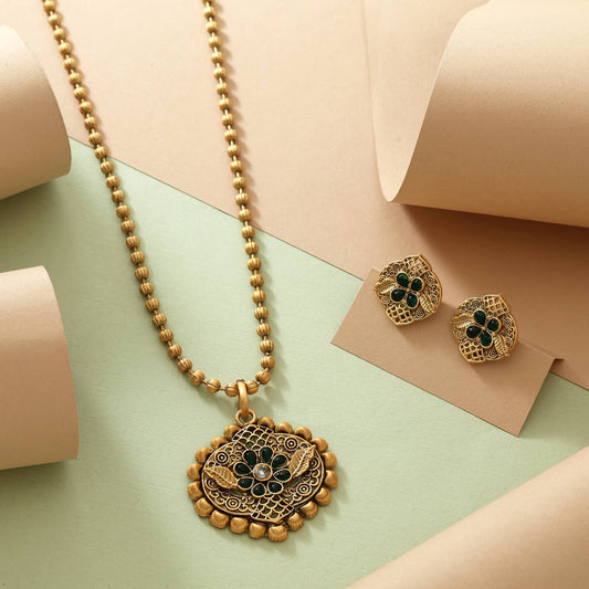 Exquisite Green Color Matte Gold Necklace Set Inspired By Traditional South Indian Jewelry