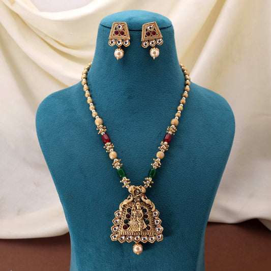 Artistic Rani And Green Color Matte Gold Necklace Set With Stunning Kundan Work Finish