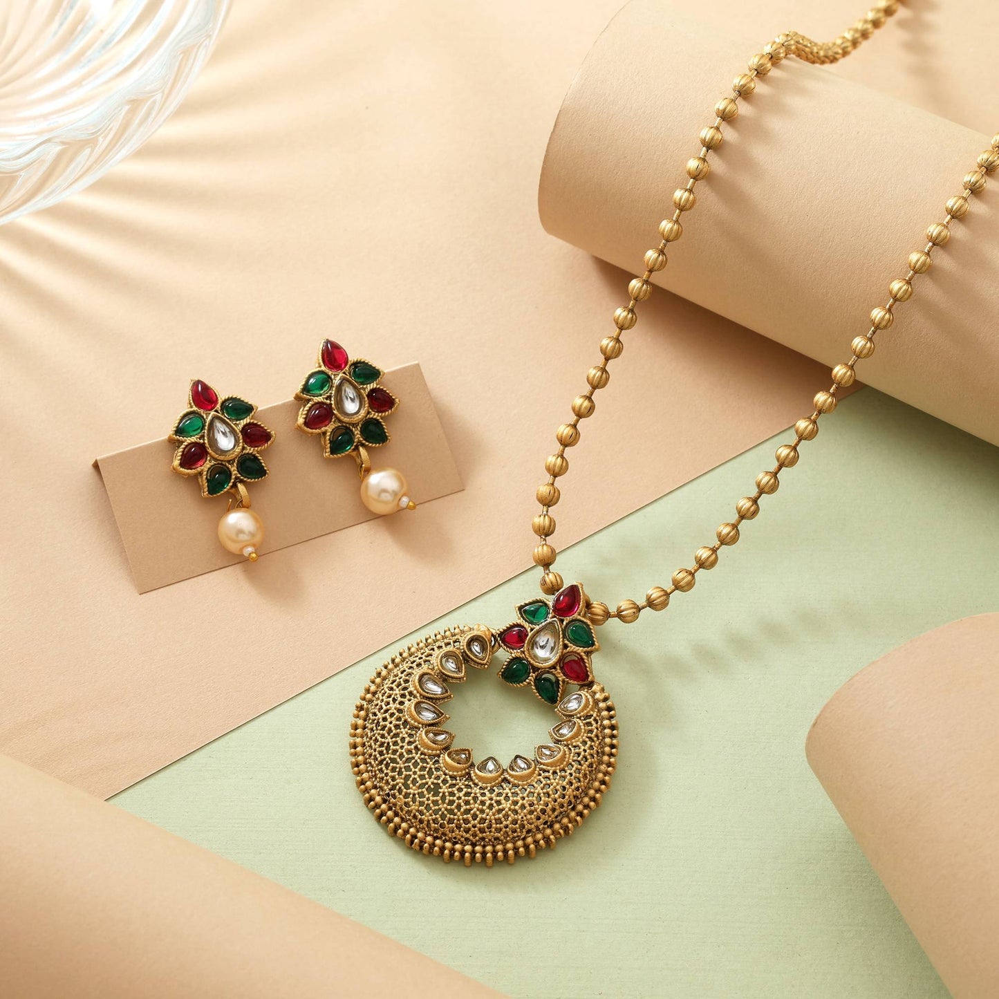 Ornate Rani And Green Color Matte Gold Necklace Set For Wedding, Festival, And Celebration Wear