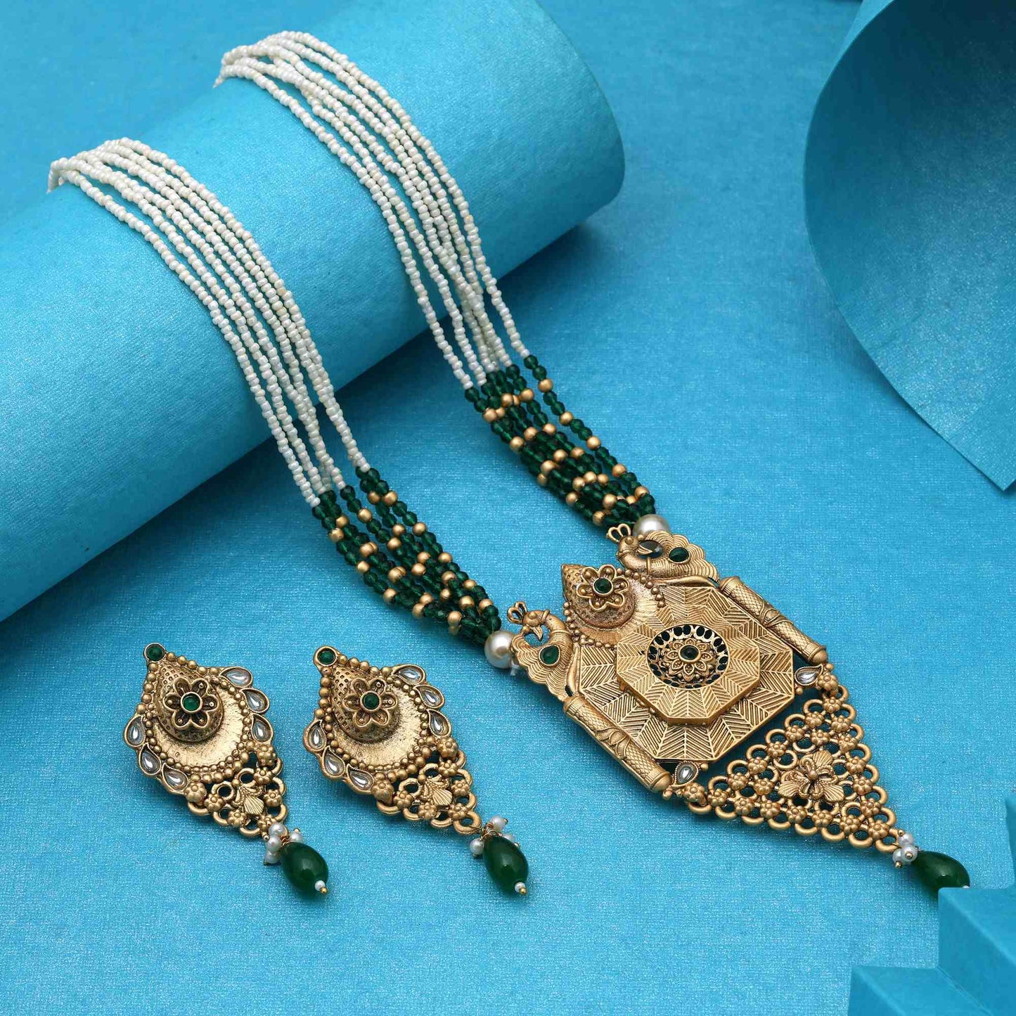 Stylish Green Color Matte Gold Necklace Set With Handcrafted Meenakari Finish