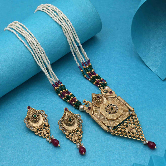 Exquisite Rani & Green Color Matte Gold Necklace Set For Wedding Occasions