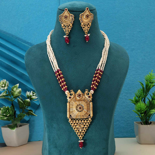 Beautiful Rani Color Matte Gold Necklace Set With Antique Style Craftsmanship