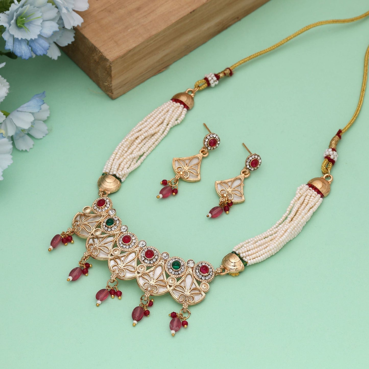 Multi Color Matte Gold Necklace Set Designed For Elegant Ethnic And Wedding Wear