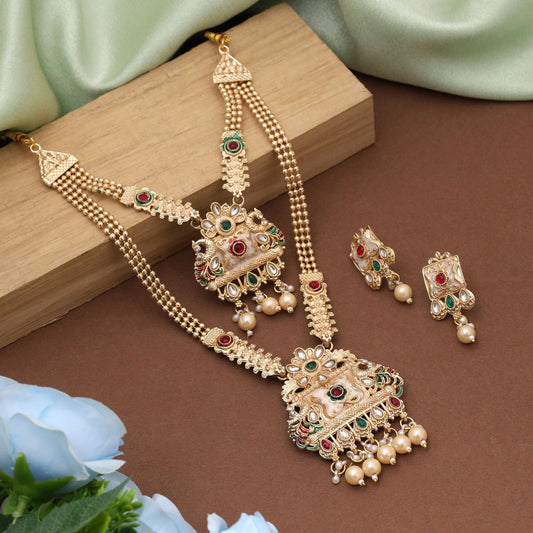 Rani & Green Color Matte Gold Necklace Set Crafted For Grand Festive Celebrations