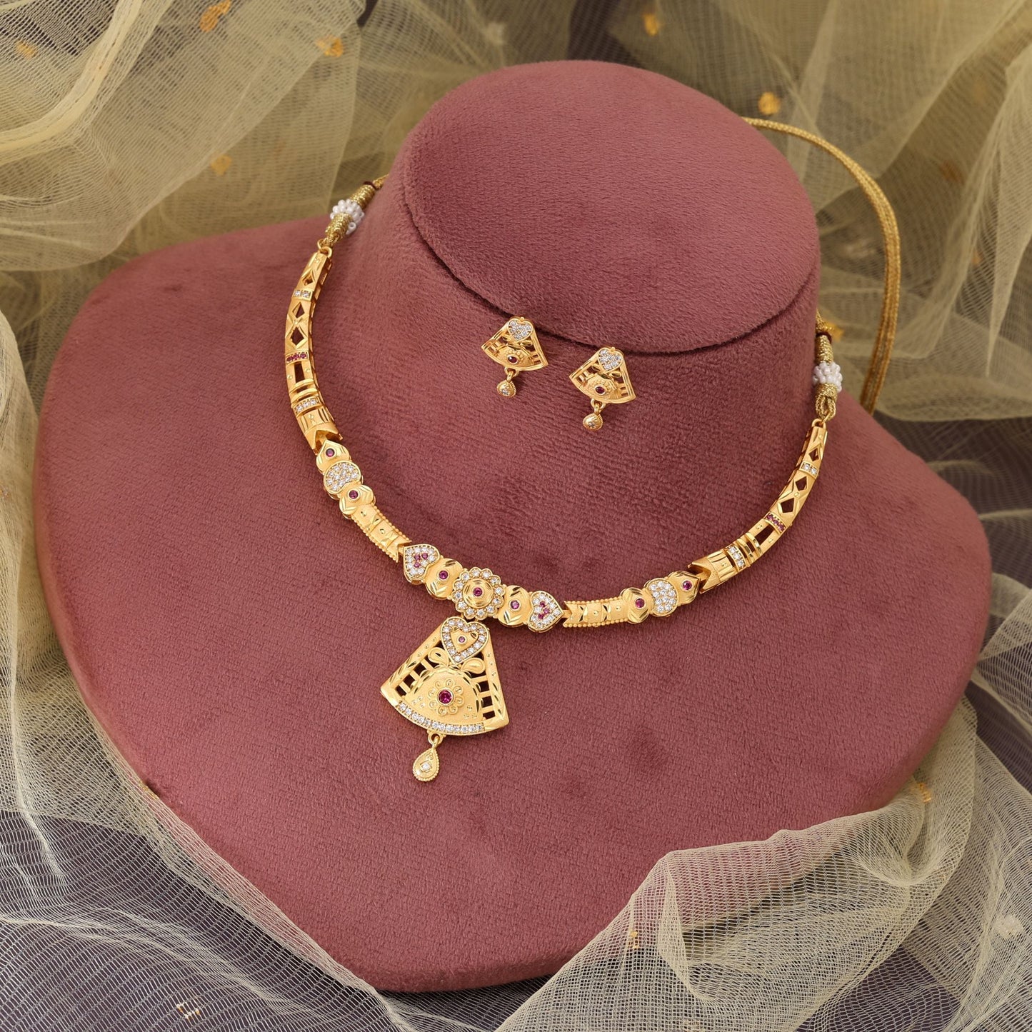 Gold Color Matte Gold Necklace Set With Antique Finish For Traditional Styling