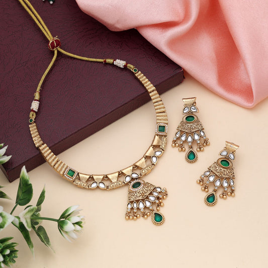 Green Color Matte Gold Necklace Set Perfect For Saree And Lehenga Styling