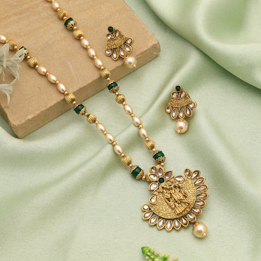 Green Color Lord Radha Krishna Matte Gold Necklace Set Inspired By Temple Jewelry