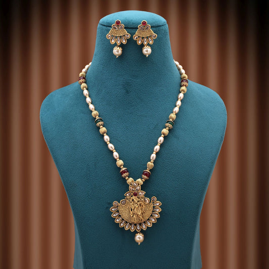 Maroon & Green Color Lord Radha Krishna Matte Gold Necklace Set For Devotional Elegance