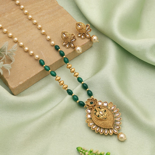 Green Color Matte Gold Necklace Set Showcasing Heritage Craftsmanship And Elegance