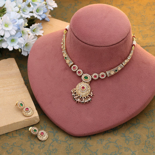 Rani & Green Color Matte Gold Necklace Set With Rich Antique Gold Finish