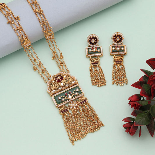 Pista Green & Maroon Color Ethnic Designer Matte Gold Necklace Set
