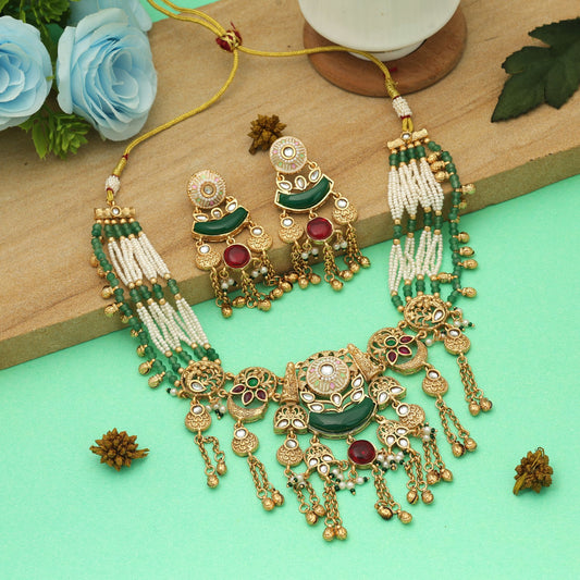 Dunkelrot & Grün Farbe Mattgold Halsketten-Set Traditioneller Braut-Statementschmuck