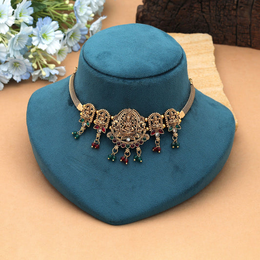 Designer Maroon & Green Color Choker Temple Necklace With Heritage Temple Inspired Artwork
