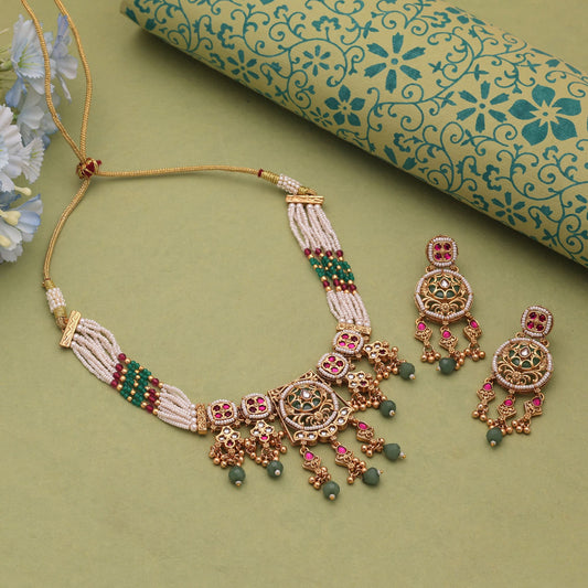 Multi Color Kundan Necklace Set with Matte Gold Choker Design Jewelry