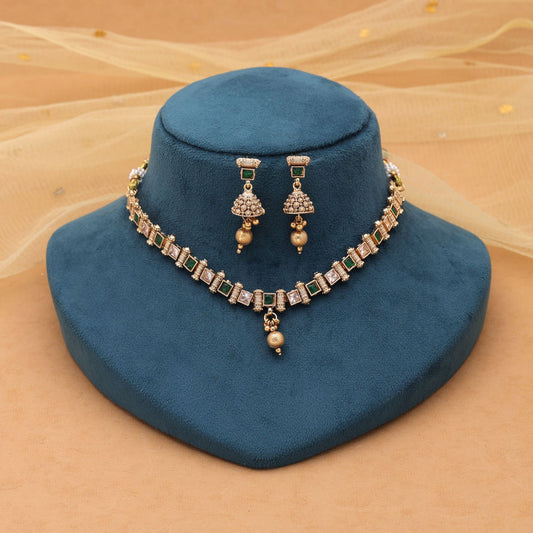 Green Color Kundan Necklace Set with Traditional Matte Gold Craftsmanship