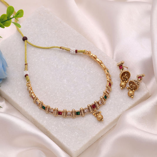 Rani & Green Color Kundan Necklace Set with Matte Gold Detailing