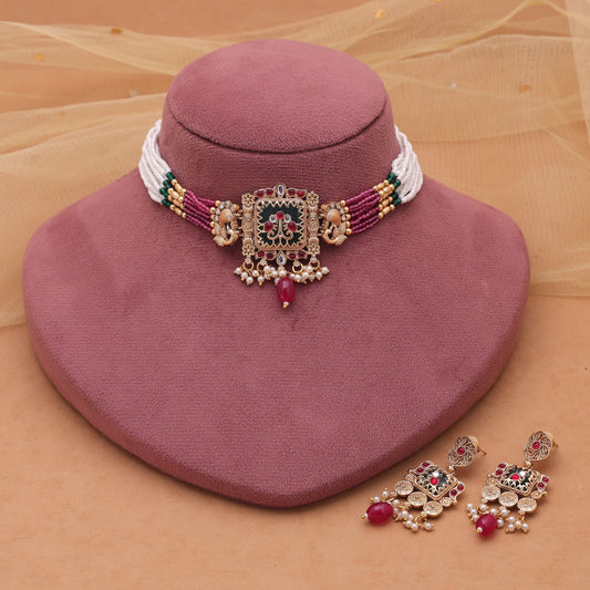 Multi Color Kundan Necklace Set with Stylish Matte Gold Choker Pattern