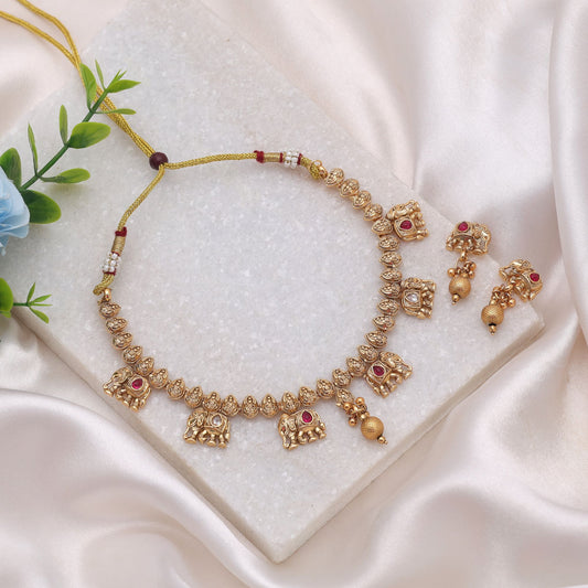 Rani Color Kundan Necklace Set with Designer Matte Gold Look