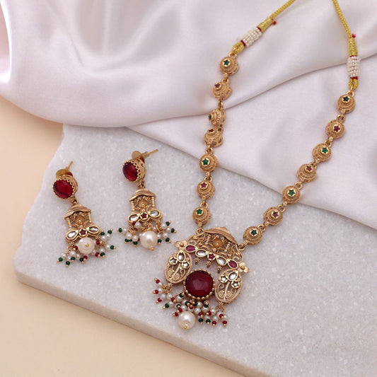 Maroon Color Kundan Necklace Set with Royal Matte Gold Style