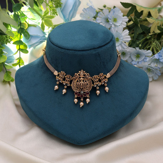 Maroon & Green Color Choker Temple Necklace with Intricate South Indian Design