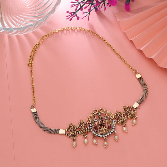 Rani Color Choker Temple Necklace with Traditional South Indian Detailing