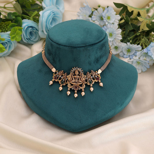 Rani & Green Color Choker Temple Necklace with Intricate Heritage Detailing