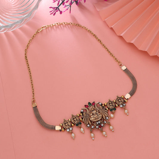 Rani & Green Color Choker Temple Necklace with Antique Temple Charm