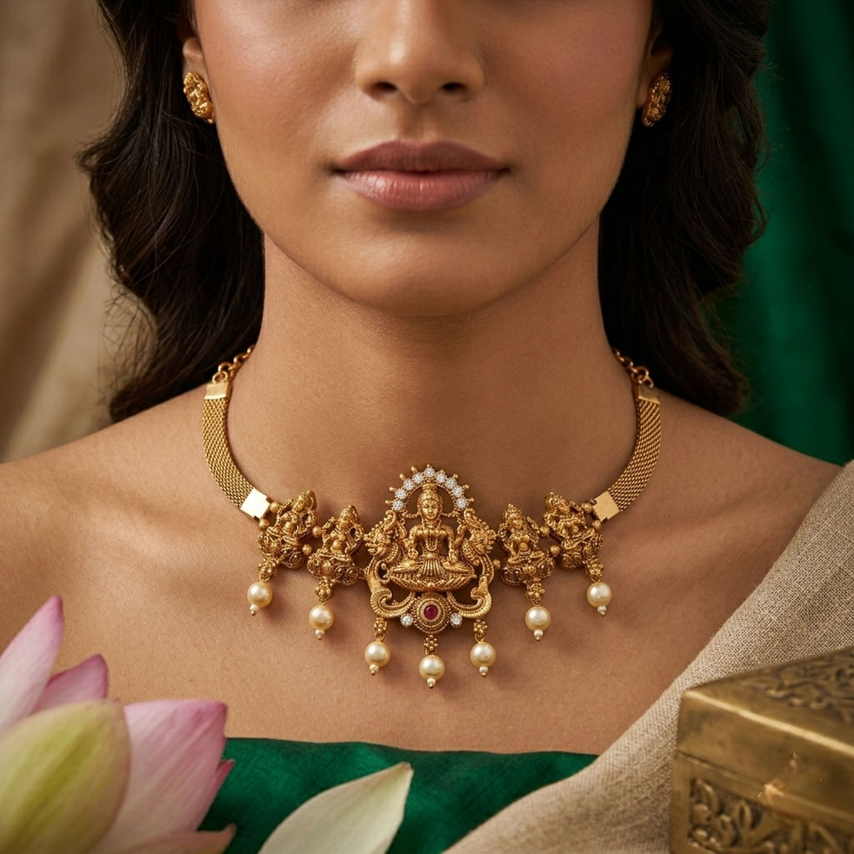 Rani & Green Color Choker Temple Necklace Designed For Elegant Celebrations