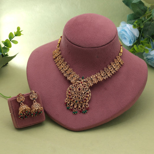 Rani & Green Color Temple Necklace Set with Graceful Traditional Wedding Design