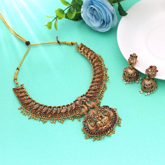 Maroon & Green Color Temple Necklace Set Featuring Designer Antique Jewelry Finish