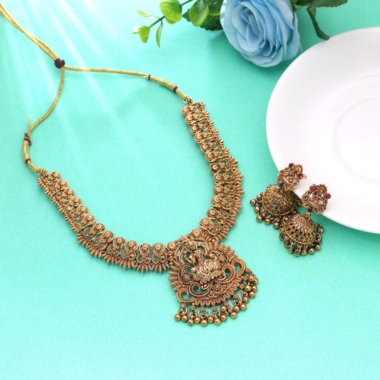 Gold Color Temple Necklace Set Crafted with Beautiful Traditional Artwork Details