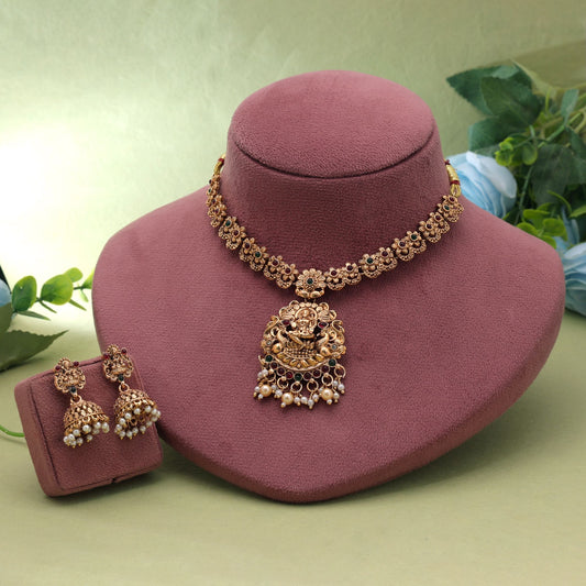 Maroon & Green Color Temple Necklace Set with Graceful Bridal Jewelry Charm